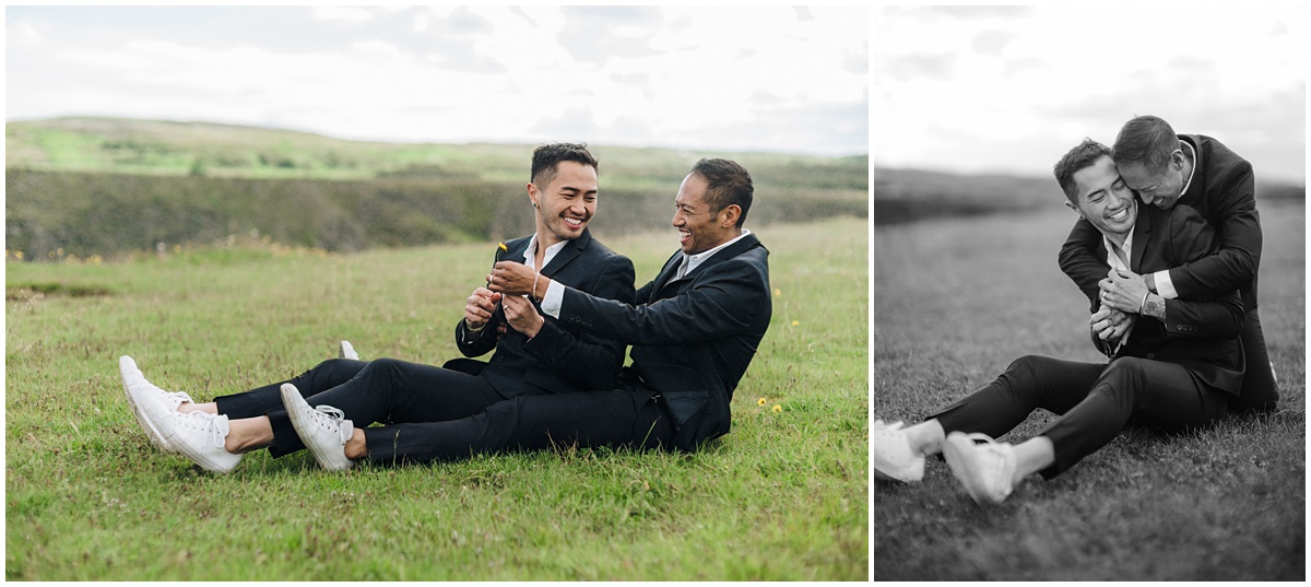 two asian men who are newlyweds pose for same-sex wedding portraits out in the New York countryside with jenny fu studio