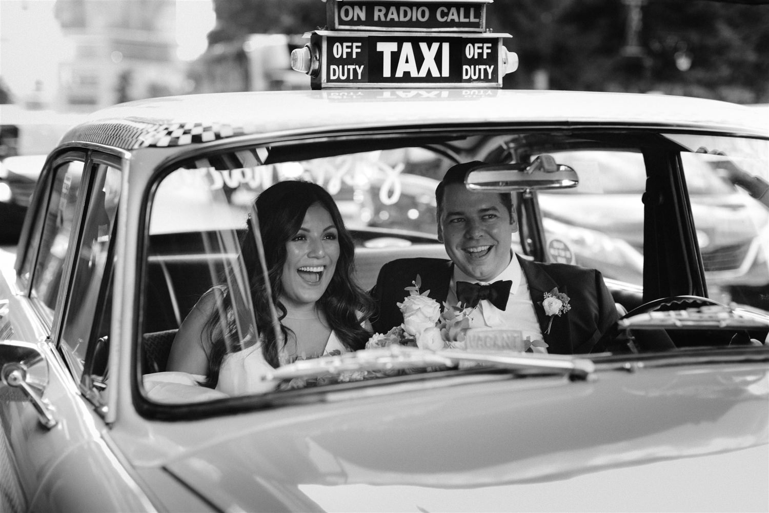 st. patricks cathedral, jw marriott essex house, central park, groom, bride, vintage cab, classic new york wedding, beautiful bride and groom laughing, film cars New York, checker cab, Manhattan wedding