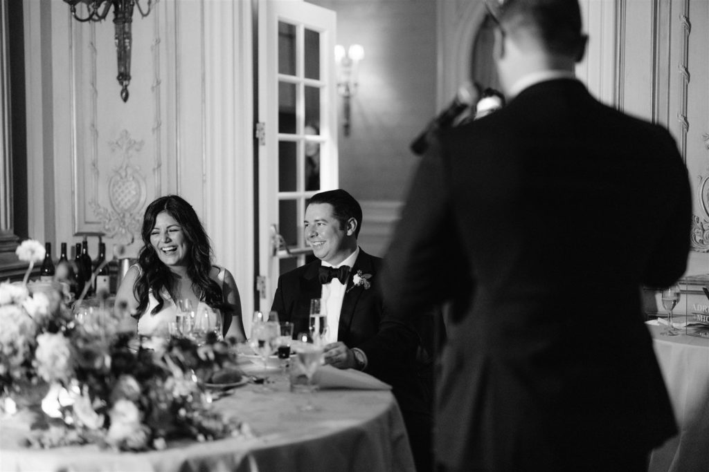 jw marriott essex house, grand salon, jenny fu studio, bride, groom , laughing joyfully during wedding dinner reception, the plaza hotel