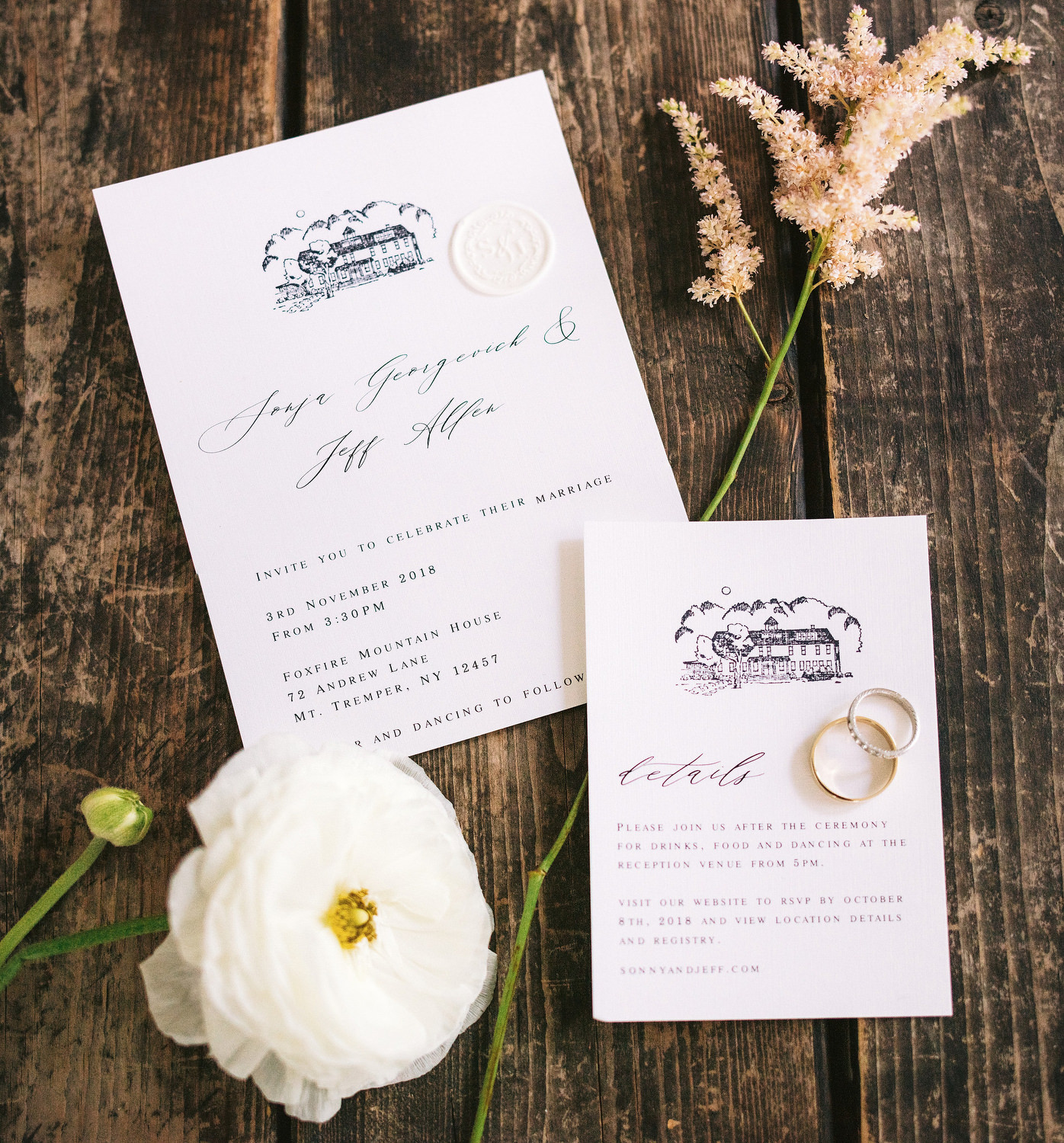 Elegant wedding invitations created by the bride, using Paper Presentation as a printer. Displayed with florals from the wedding day and the couple's rings. Editorial Wedding at Firefox Mountain House in Upstate New York.