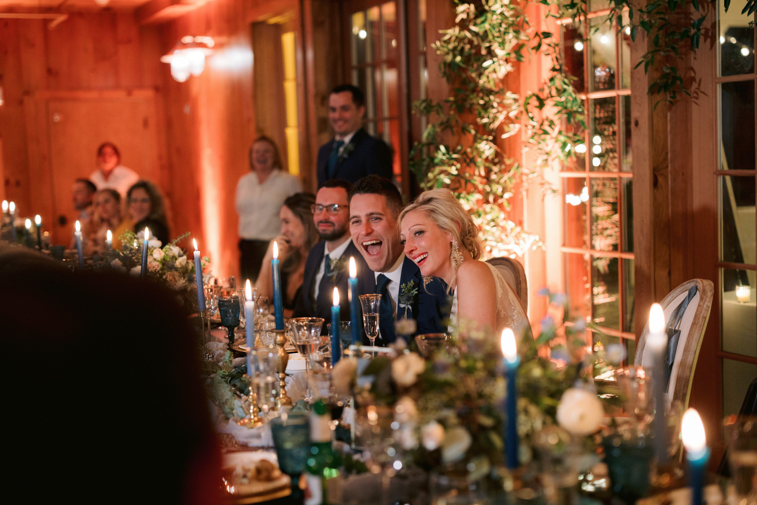 Bride and groom laughing