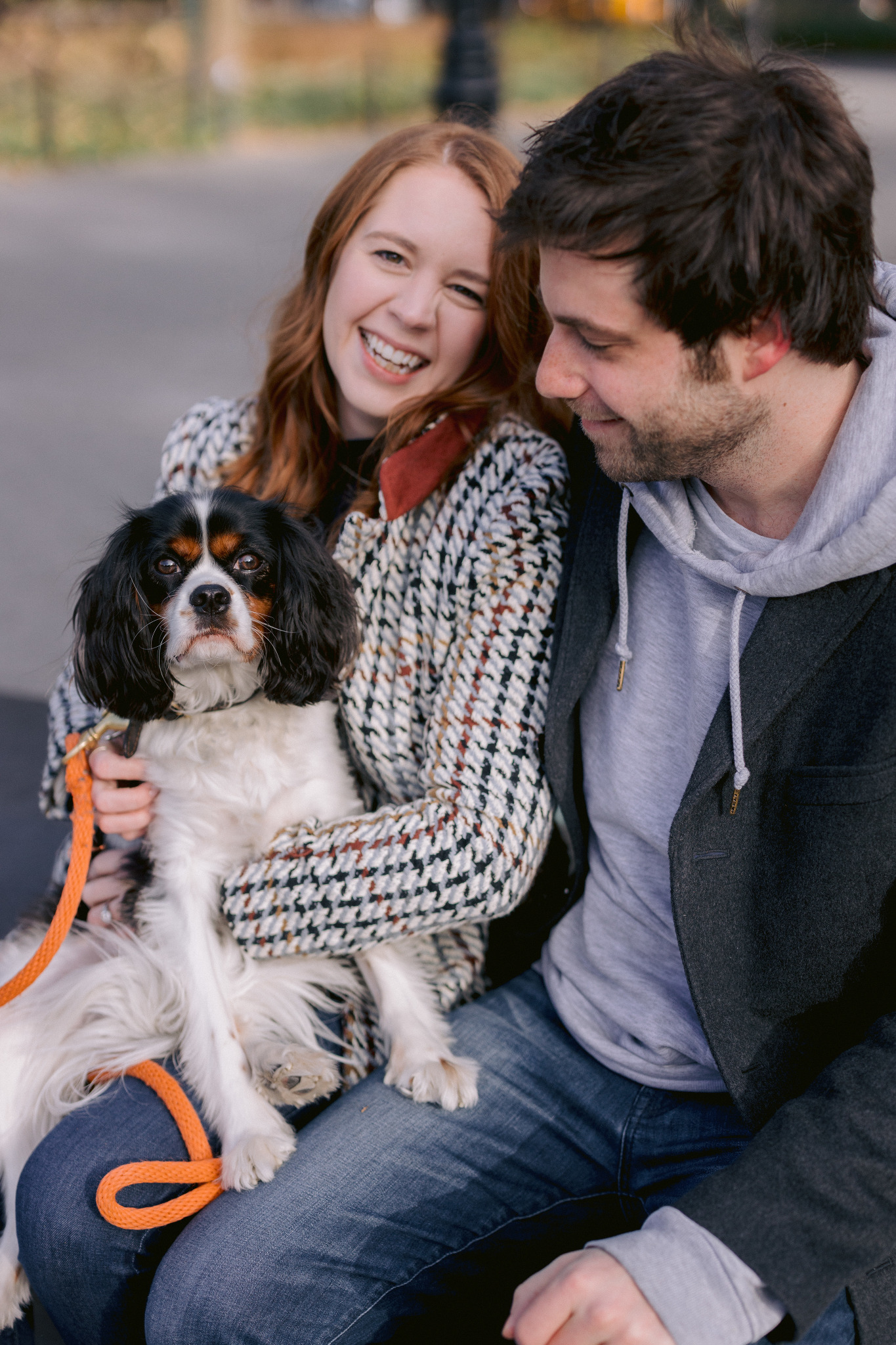 Engaged couple with King Charles Cavalier in Washington Square Park