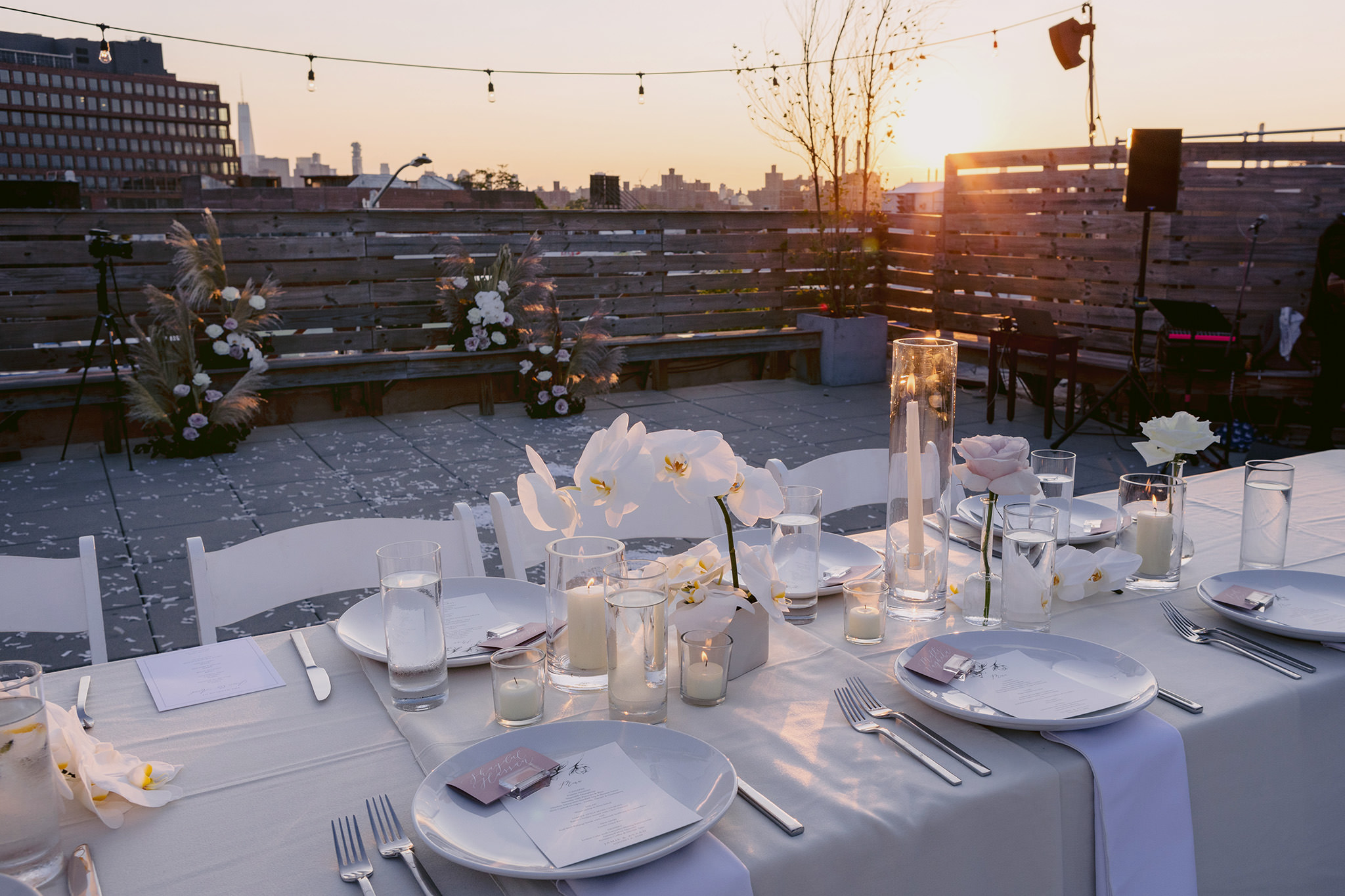 White orchids reflecting a New York City sunset.
