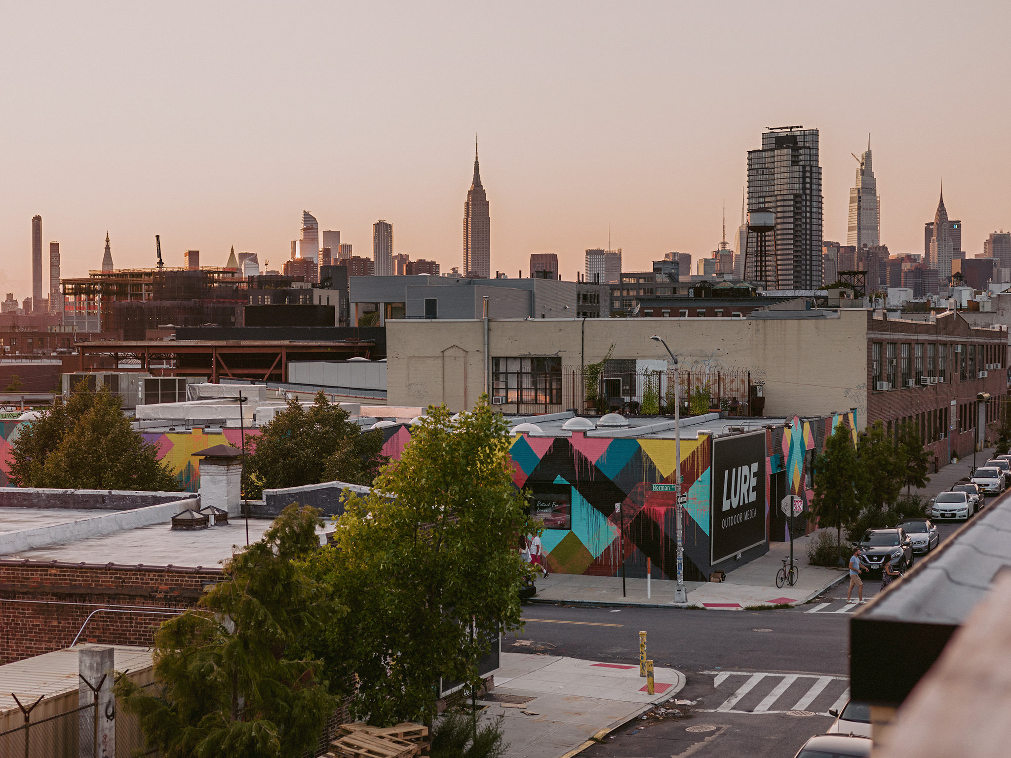 View of the Empire State Building from the rooftop at Dobbin St, their wedding venue