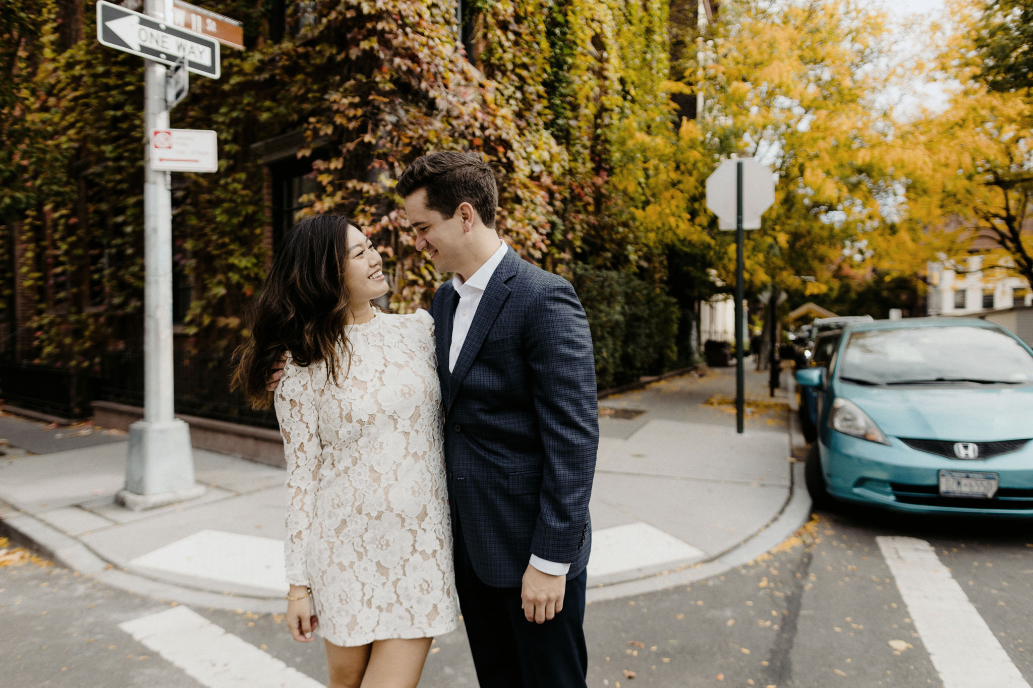 Newly engaged couple walking in the West Village of New York City