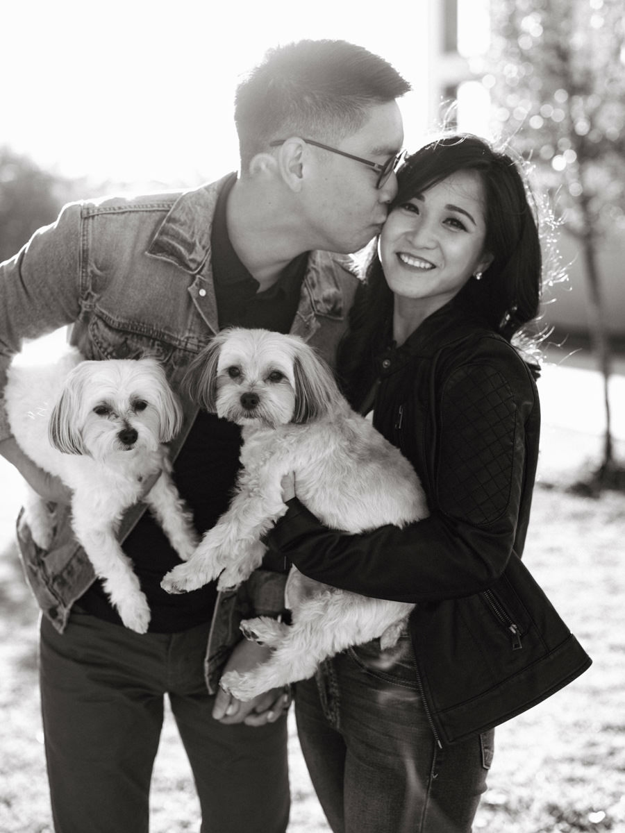 A young couple holds their dogs in a bright park