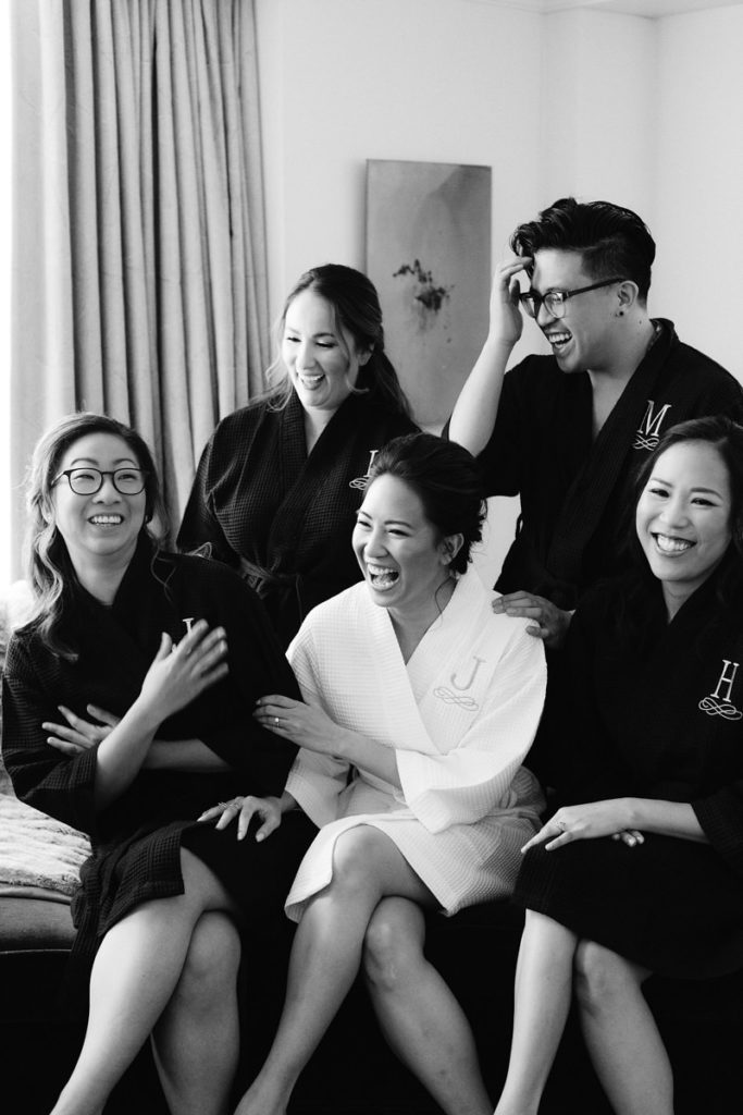 A bridal party gets ready for a wedding reception