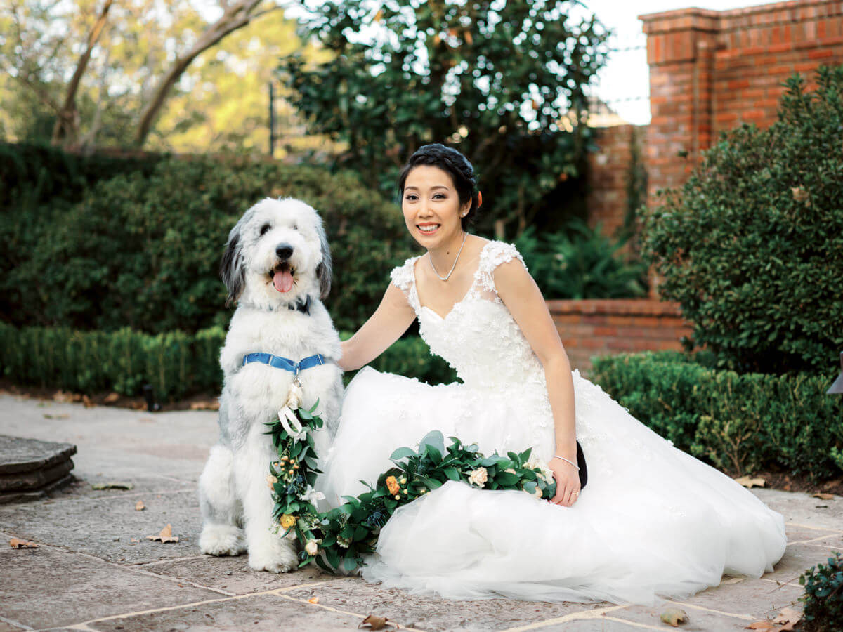 Bride with big, white dog; green plants on the background